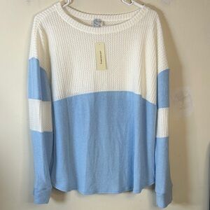 Francesca’s Blue Rain Textured Waffled Light Blue & White Sweater‎ Size Large